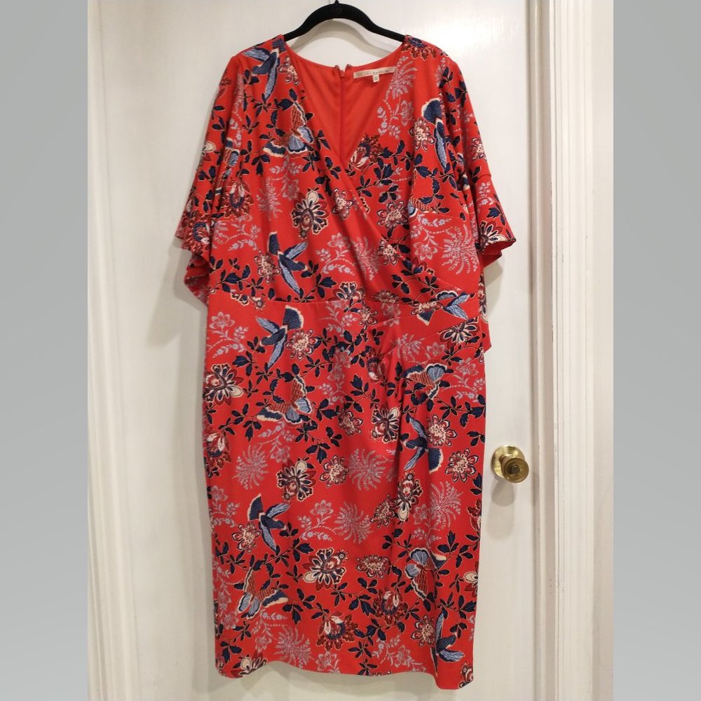 Rachel Roy red floral sheath dress with flutter sleeves, 20W